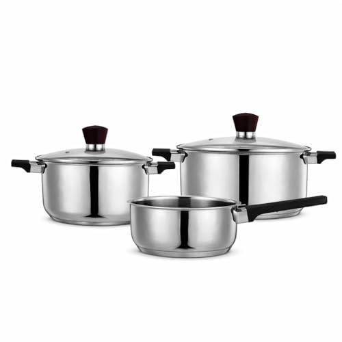 Batteria di Pentole in Acciaio Inox 18/0 per Induzione &ndash; Set 3 Pezzi con Coperchio &ndash; 1 Casseruola con Manico 16x7,5 cm + 2 Casseruole con Coperchio 18x9,5 cm e 20x10,5 cm &ndash; Adatte a Tutti i Piani Cott