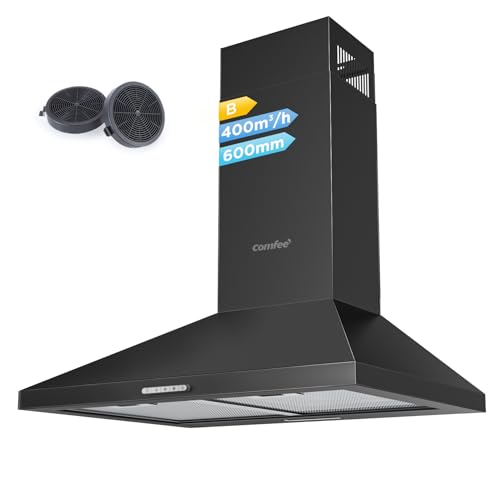 COMFEE' Cappa Aspirante 60 cm PYRA17B-60 Nera Cappa Cucina con LED, Sistema di Ricircolo e Canalizzazione e Filtri a Carbone