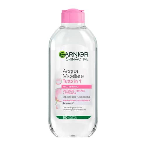 Garnier SkinActive Acqua Micellare Tutto in 1, Per Pelli Sensibili, 100% del Trucco Rimosso, Pelle Detersa e Idratata per 12H, Senza Residui e Senza Risciacquo, Con Micelle e Glicerina, 400 ml