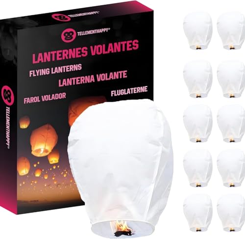 TellementHappy&trade; Lanterne Cinesi Volanti Giganti 90x60cm, 100% Biodegradabili Carta di Riso, Sky Lanterns Bianche - 10 Pezzi