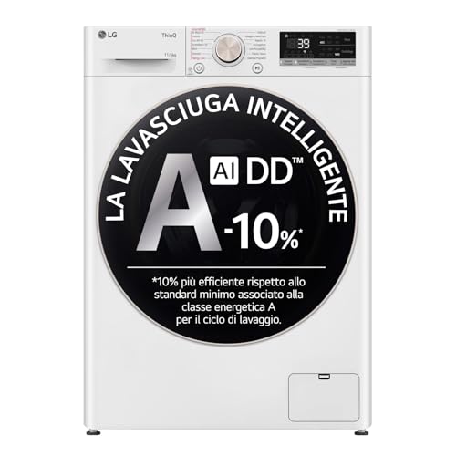 LG AI DD D4R7011TSWG Lavasciuga 11/6kg, Serie R7, Classe A-10%/D, Lavatrice Asciugatrice, 1400 Giri, TurboWash 360, Vapore, Allergy Care, Eco Hybrid, Wi-Fi, Bianca