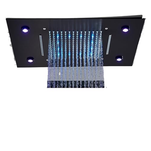 Soffione doccia a cascata di lusso con luce a LED, 49 * 35 cm, da incasso a soffitto, docce colorate for bagno(Matte Black)