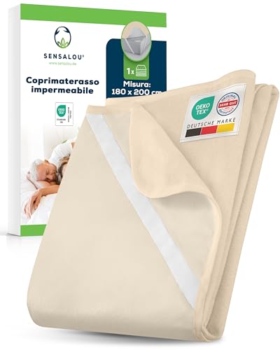 Sensalou Coprimaterasso Impermeabile 180 x 200 cm Beige – Protezione Materasso per Letto Matrimoniale e Camera da Letto, Traversina in Spugna Morbida con Angoli Elastici, Silenzioso Lavabile a 95 °C