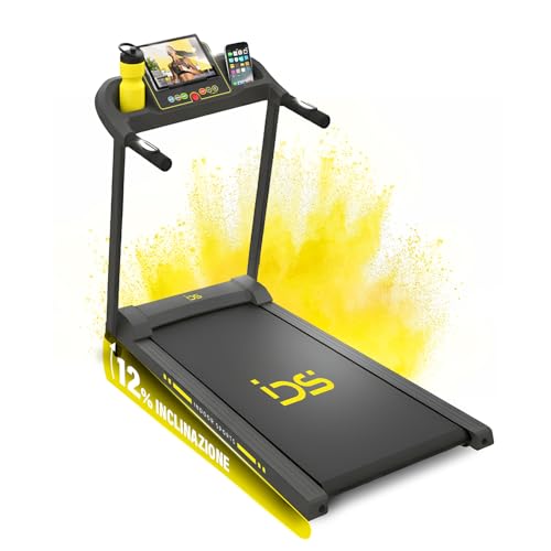 IDS G14 Tapis Roulant Elettrico Salvaspazio, Brand ITALIANO, Tappeto Corsa Extra Large (40 cm), 12 km/h, Inclinazione, Telaio Rinforzato, Display, Supporto Tablet, Garanzia e Assistenza ITALIA