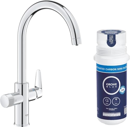 GROHE Blue Pure StartCurve Starter Kit con Rubinetto Filtro Acqua, Bocca C, Bocca Girevole 150&deg;, Filtro Carboni Attivi, Canali Acqua Separati, Cromo, 30593000