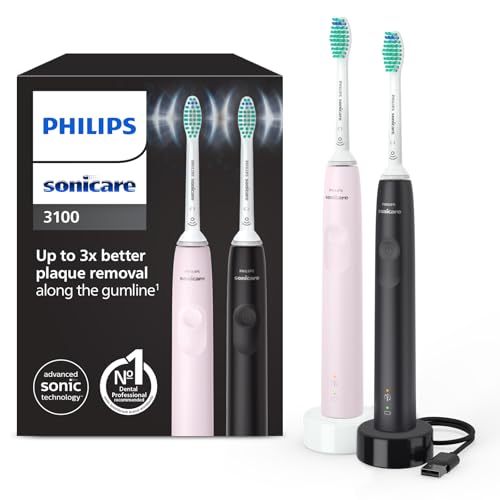 Philips Sonicare 3100 spazzolino elettrico sonico, sensore di pressione e timer, colore rosa e nero, confezione doppia, HX3675/15, Sonicare 3100, Nero/Rosa