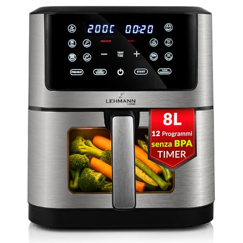 LEHMANN Friggitrice ad Aria 8 Litri XXL, 1800 W, Air Fryer con Finestra di Visualizzazione, 12 Programmi & Regolazione Manuale 76&ndash;200&deg;C, Timer 1-60min, Rivestimento Antiaderente, Display Touch