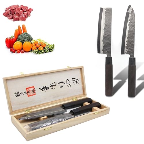 FISHTEC Set di 2 coltelli giapponesi - Nakiri e Santoku - Lama in acciaio - Manico in palissandro africano - Scatola regalo che protegge la lama - Coefficiente 58 HRC - Martellato a mano