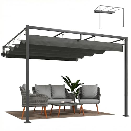 Outsunny Gazebo Pergola Addossata 3x3 m con Tetto Retrattile Scorrevole, Fori di Drenaggio, Pergolato da Giardino in Poliestere e Acciaio, per Patio, Terrazzo, Esterno, UV30+, Grigio Scuro