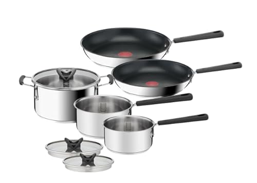 Lagostina Optispace, Set 8 Pentole, Padelle e Coperchi, Impilabili e Salvaspazio, Pentole in Acciaio Inox 18/10, Padelle Antiaderenti, Con Manici in Silicone