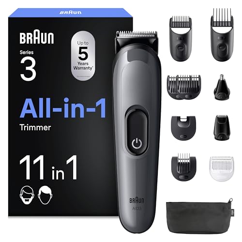 Braun Rifinitore All-In-One Series 3, Rasoio Elettrico Barba E Capelli 11In1, Con Lama Affilata A Vita, 14 Lunghezze, 50 Min di Autonomia, Rifinitore All-In-One Per Viso E Capelli, AIO3565 Grigio