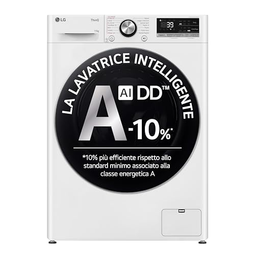 LG AI DD F4R7011TSWC Lavatrice Classe A -10%, 11kg Serie R7, Carica Frontale, 1400 Giri, AI Wash, TurboWash 360, Lavaggio a Vapore, Wi-Fi, Obl&ograve; in Vetro Temperato, Libera Installazione, Bianca
