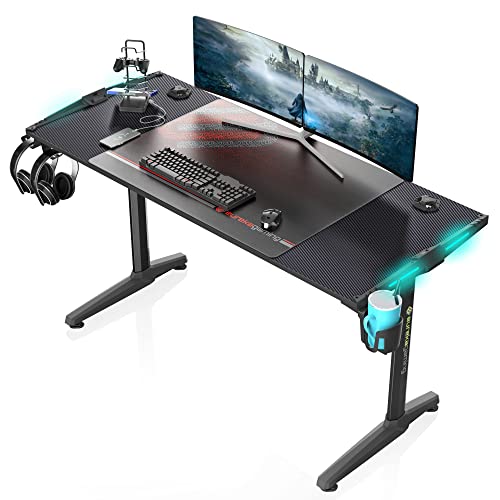 EUREKA ERGONOMIC Scrivania Gaming LED 140x60 cm Scrivania Gamer PC con luci RGB Tavolo Gaming con Tappetino per Mouse, Portabicchieri, Gancio per le cuffie