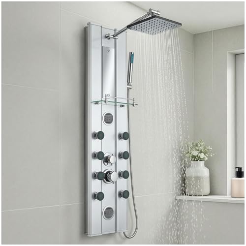 tectake&reg; Colonna Doccia, Colonna Bagno, Struttura in Alluminio, Regolatore per Soffione Doccia a Pioggia, Doccino, Getto Massaggiante Relax Anticalcare, Specchio Integrato, Ripiano in Vetro - Argento