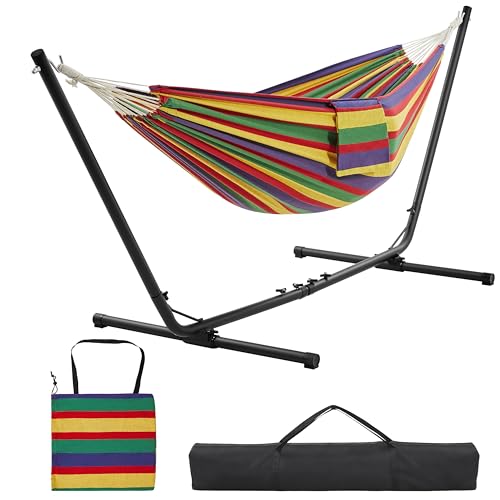 Yaheetech Amaca da Giardino Esterno con Supporto Struttura Regolabile Carica 200 kg Pieghevole Portatile con Borsa di Trasporto in Ferro Poliestere e Oxford per Piscina Campeggio Strisce Rainbow