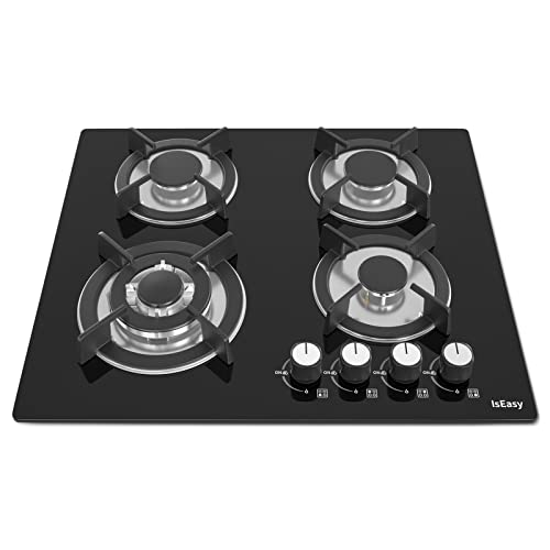 IsEasy Piano Cottura a Gas 4 Fuochi, Vetro con Protezione Termica Automatica, Gas Naturale e Propano, Gas on Glass 60cm da Incasso