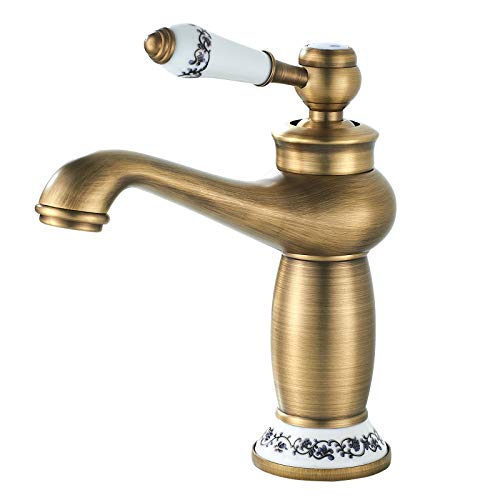Namuoto Rubinetto Bagno Vintage Monocomando in Ceramica Floreale Per Lavandino Rubinetto Bagno Lavabo per Bidet, Ottone Antico