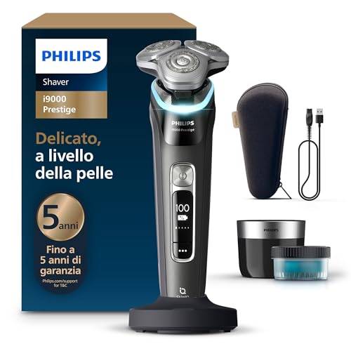 Philips Shaver i9000 Prestige, rasoio elettrico Wet & Dry, tecnologia Skin IQ, triplo sistema Lift & Cut, doppie lame in acciaio di precisione 360&ordm;, pod per pulizia rapida, modello XP9207/30
