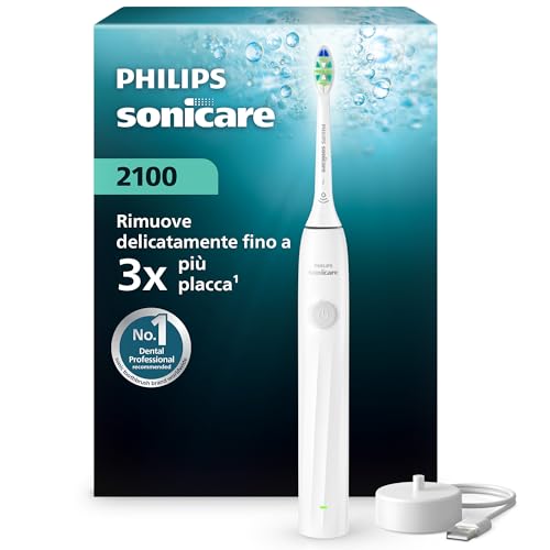 Spazzolino elettrico Philips Sonicare Serie 2100 - Spazzolino sonico con 2 livelli d'intensit&agrave;, funzionalit&agrave; EasyStart, SmarTimer, 14 giorni di autonomia, bianco, modello HX4021/01, [Nuovo]