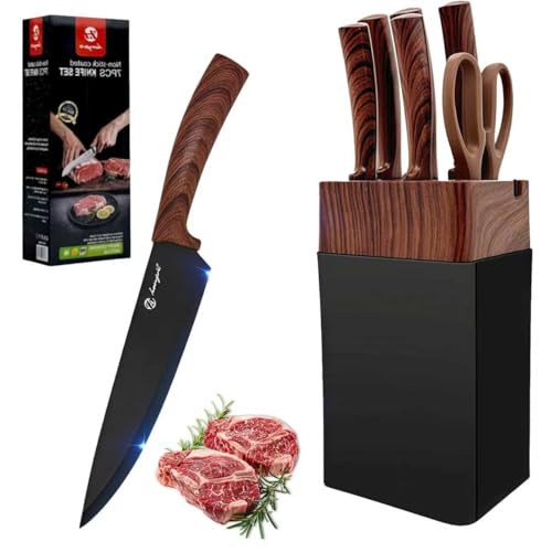 7 Pezzi Coltelli da Cucina,Set Coltelli da Cucina Professionali con Ceppo Universale e Affilatore Integrato,Lame Acciaio Inossidabile di Qualità e Manici Ergonomici