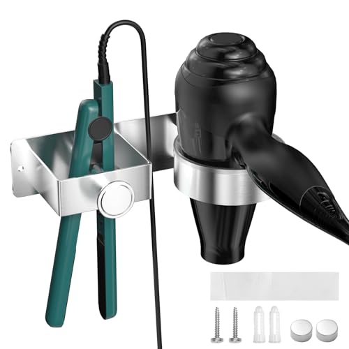 Chiluxendo Porta Phone Bagno da Muro, Porta Asciugacapelli da Parete, Supporto Phon e Piastra Senza Foratura, Portaphone da Bagno Autoadesivo, per Camere da Letto Toilette Barbiere (Argento)