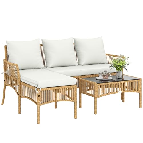Outsunny Salotto da Giardino Esterno in Rattan 3 Pezzi, Set di Mobili da Giardino con Divano 2 Posti, Chaise Longue, Cuscini Sfoderabili Lavabili, Tavolo in Vetro, Struttura in Acciaio, Naturale/Crema