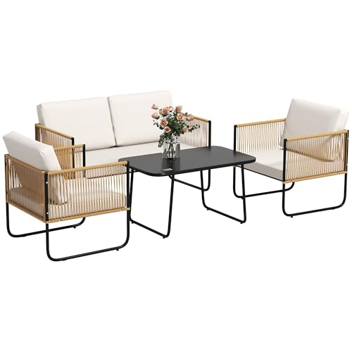 Outsunny Set di Mobili da Giardino in Rattan 4 Pezzi, Salotto da Esterno con Divano a 2 Posti, 2 Poltrone, Tavolino Basso Rettangolare e Cuscini Lavabili, in Acciaio, Color Legno e Crema