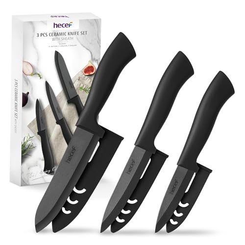 hecef Set di Coltelli in Ceramica Nero, 3 pezzi Professionali Coltelli da Cucina con Guaine - 6'' Coltello da Cucina, 4'' Coltello da Frutta, 3'' Coltello di Sbucciatura