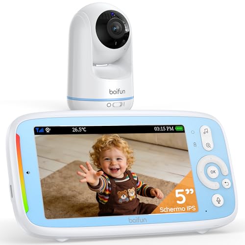 Boifun Baby Monitor con Telecamera Rotante 360&deg; HD, Schermo IPS 5&rdquo;, Audio Bidirezionale, Rilevamento Temperatura, Batteria 3050mAh, Zoom 3X, Visione Notturna,Modalit&agrave; VOX, Ninne Nanne per Neonati