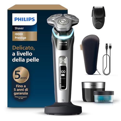 Philips Shaver i9000 Prestige, rasoio elettrico Wet & Dry, tecnologia Skin IQ, triplo sistema di sollevamento e taglio, doppie lame in acciaio di precisione 360&deg;, styler per barba, modello XP9204/33