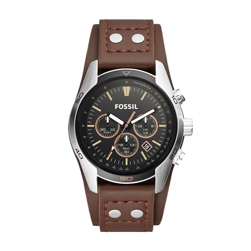Fossil Orologio Coachman da uomo, movimento cronografo al quarzo, cassa in acciaio inossidabile argentata di 44 mm con cinturino in vera pelle, CH2891, Nero