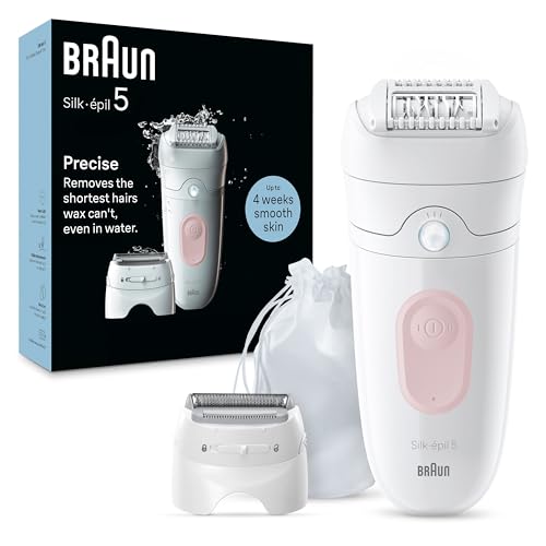 Braun Silk-&eacute;pil 5 Depilatore Donna, Epilatore Elettrico Donna Per Una Epilazione Semplice, Wet & Dry, Pelle Liscia a Lungo, Con Testina Per Rasoio Donna, 5-030, Bianco/Rosa