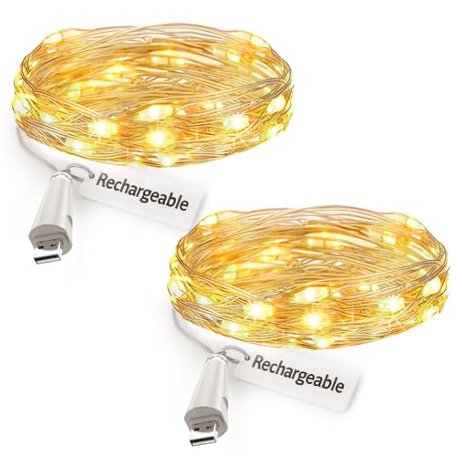 leegoal Luci a Catena Ricaricabili USB, 2m 20 LED Luci a Batteria, Filo Rame Impermeabile Camera Matrimonio Natale Festa DIY Decor(Bianco caldo, Confezione da 2)