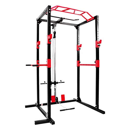 Ultrasport Power Rack, Scaffale fitness, Scaffale multifunzione per efficace allena completo corpo, costruzione acciai, perfetto per principianti e professionist, torre fitness, Nero/Rosso
