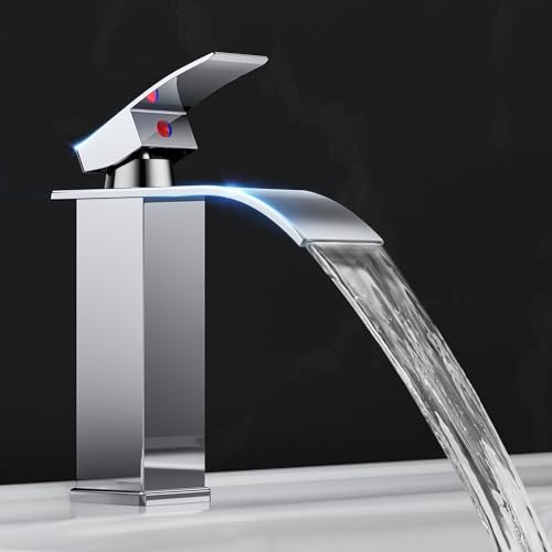 Rubinetto Bagno Lavabo a Cascata,Miscelatore Lavabo Bagno,Miscelatore per bagno in ottone e acciaio inox, cromato (incl. tubo da 60 cm)