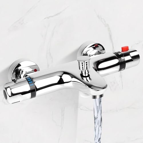 JABNOW Miscelatore Doccia con Termostatico, 2 Uscite Ubinetto Vasca con Pulsante di Sicurezza 38&deg;C, Miscelatore Vasca da Bagno Termostatico per Doccia per Temperature Calde e Fredde (20&deg;-50&deg;C)