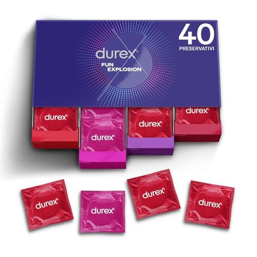 Durex Fun Explosion Mix di Preservativi Sottili, Con Rilievi e Nervature e Aromatizzati alla Fragola, 40 Profilattici, Esclusiva Online