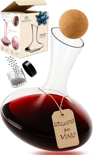 Decanter per Vino con Accessori (Tappo di Sughero + Perlina Pulizia) - Caraffa di Cristallo 100% senza Piombo - Aeratore Decantatore per Rosso - Regalo Casa Nuova e Compleanno
