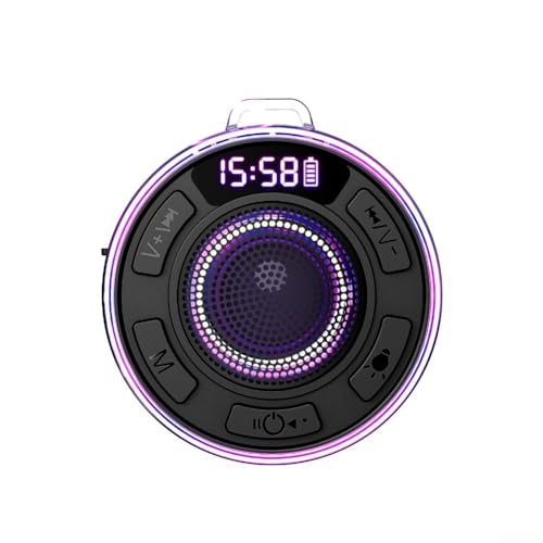 Besshepplo Altoparlante impermeabile IPX7 per doccia con suono surround a 360&deg;, spettacolo di luci RGB e radio FM con ventosa staccabile per bagno, piscina, viaggi, uso esterno, 5.1 wireless (nero)