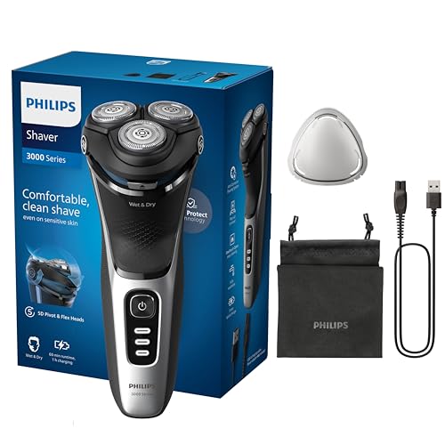 Philips rasoio elettrico serie 3000 - Rasoio elettrico Wet & Dry per uomo con tecnologia SkinProtect, colore Deep Black, rifinitore a scomparsa, rasoio cordless, astuccio da viaggio (modello S3241/12)
