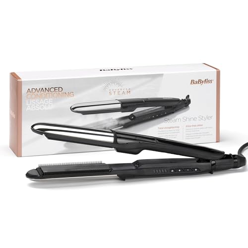 BaByliss ST496E Piastra a vapore 2in1 Steamshine ceramic, Piastre in diamond ceramic da 39 mm, Riscaldamento Advanced Ceramics&trade;, lisciante, 5 temperature, Auto spegnimento di sicurezza, nera e argento