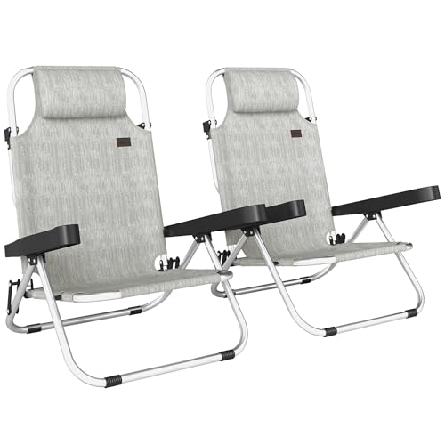 Outsunny Set di 2 Sdraio da Giardino Pieghevole e Reclinabile a 4 Posizioni, Sedia Sdraio da Esterno in Texteline con Telaio in Alluminio e Poggiatesta, Leggera per Giardino Piscina Spiaggia, Grigio