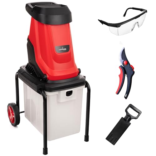 LEHMANN Biotrituratore Elettrico 3000 W, Diametro di taglio fino a 45 mm, Trituratore Rami e Foglie con Telaio robusto, Ruote e Cassetta raccolta 50 L, Accessori - Cesoie e Occhiali di Sicurezza