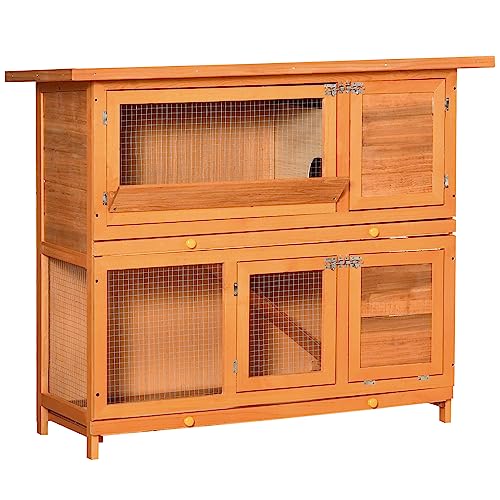 PawHut Conigliera da Esterno in Legno con Rampa a 2 Piani Casetta per Porcellini d'India e Gabbia Casetta per Conigli Animali Piccoli 122x48x100 cm
