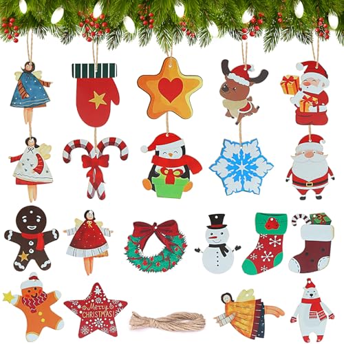 GWHOLE 20 pezzi Pendenti in Legno di Natale - Addobbi Albero di Natale - Decorazioni Albero di Natale in Legno - Ornamenti Natalizi Ciondoli Natalizi