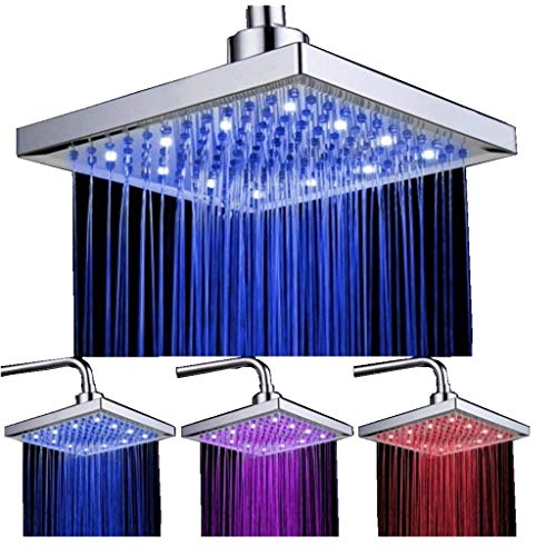Soffione Doccia a Pioggia con 12pcs LED, 8 Pollici Docce Fisso Quadrato Controllo della Temperatura 20 x 20 CM, a Soffitto Cromato Finito, 3 colore cambiando flusso d'acqua alimentato