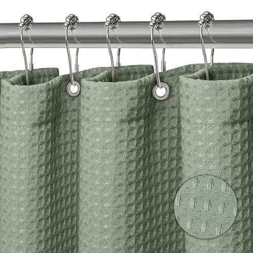 KAIMEIYU Tenda Doccia in Poliestere Waffle Tenda da Bagno in Tessuto Lavabile in Lavatrice con 12 Metallo Anelli Impermeabile 180X180CM Verde