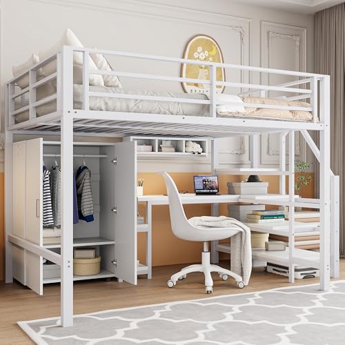 Oxtao Letto a soppalco da 140 x 200 cm, con armadio, scale, scrivania, libreria e vano portaoggetti, letto a castello in metallo, funzionale per giochi