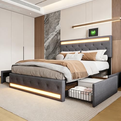 BRILVERDE Letto imbottito 160x200 con Contenitore, letto matrimoniale con USB e LED, con 4 cassetti, letto funzionale con testiera, struttura letto con rete a doghe, Lino (Grigio, 160 x 200 cm)
