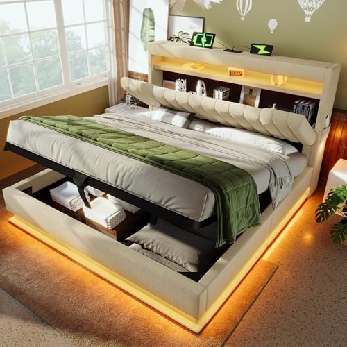 Huayz Letto imbottito 180x200 cm, letto matrimoniale LED con contenitore e rete a doghe, testiera con vano portaoggetti e funzione di ricarica USB e Tipo-C, letto contenitore idraulico con schienale